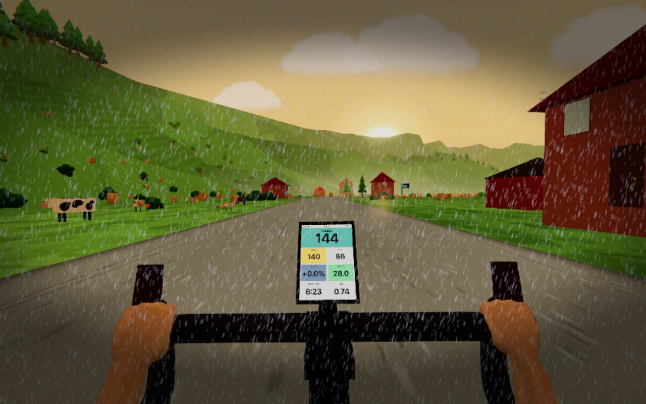 Pixel Watts in play: the view over the handlebars onto a coastal road at sunset, palm trees along the verge, and the bike computer in the middle reading 180 watts, 140 bpm, 77 rpm and 24.9 km/h on a 0.7 per cent grade.
